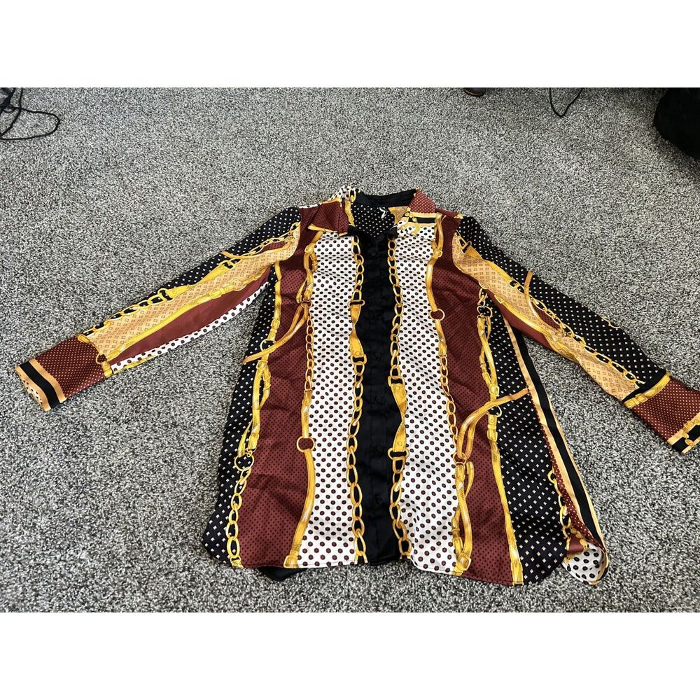 Zara TRF Collection Brown, Black, White chain and scarf long sleeve blouse M